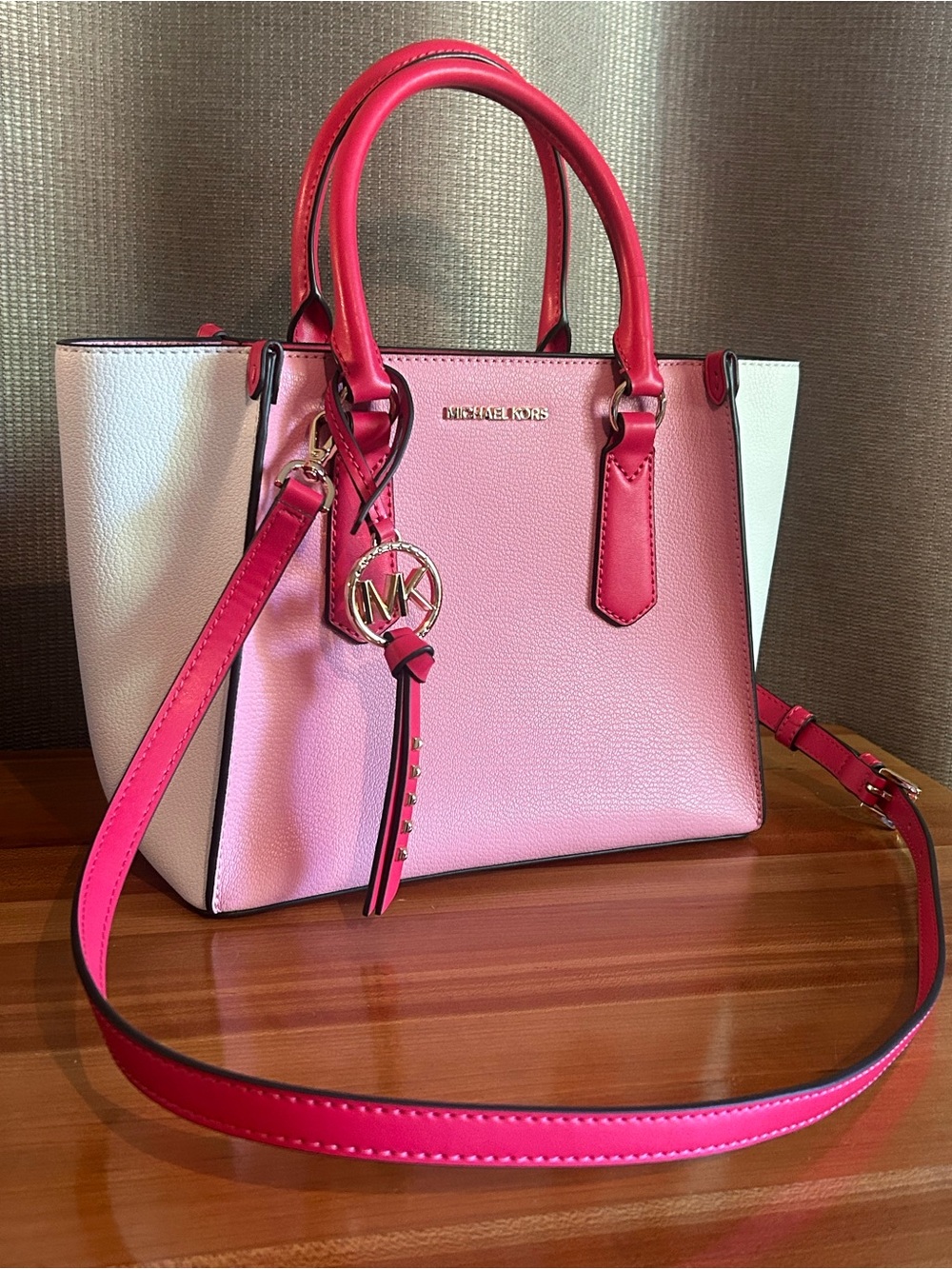 Michael Kors Kris Pink and White Leather Satchel with Charm
